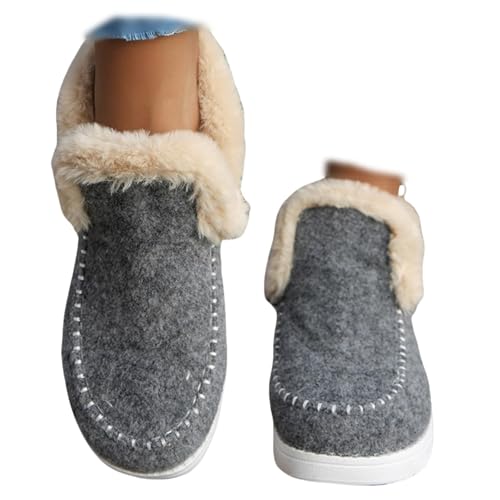 Flache Sneaker Mit Runder Spitze, Flache, Flauschige Winterstiefel Für Damen, Flache Winterschuhe Mit Plüschfutter Für Damen, Weiche Slip-On-Sneaker Aus Plüsch Für Gemütliche Füße (Grau,35/225mm) von Avanise