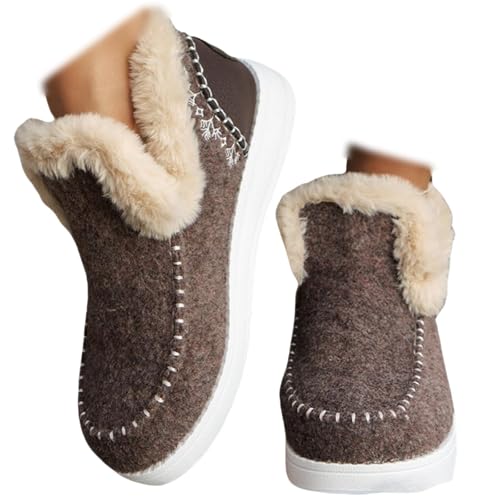 Flache Sneaker Mit Runder Spitze, Flache, Flauschige Winterstiefel Für Damen, Flache Winterschuhe Mit Plüschfutter Für Damen, Weiche Slip-On-Sneaker Aus Plüsch Für Gemütliche Füße (Braun,42/260mm) von Avanise