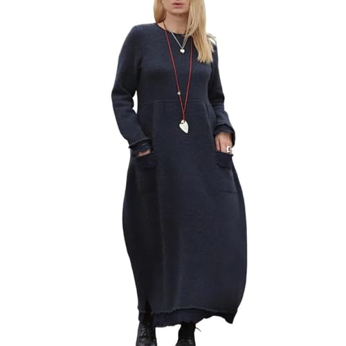 Lockeres Maxikleid Aus Spitze In Übergröße, Maxikleid Mit Rundhalsausschnitt Aus Einfarbiger Spitze Für Damen, Maxikleid Mit Rundhalsausschnitt Aus (Dunkelblau,XL) von Avanise