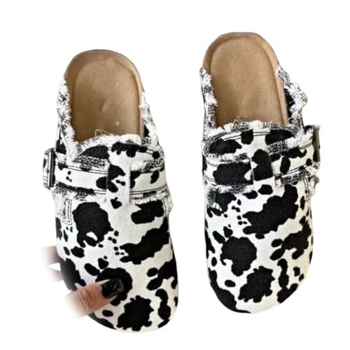 Pantoletten Aus Canvas Mit Leopardenmuster Für Damen, Stylische Slipper-Clogs, Clogs Für Damen, Pantoletten Mit Fußgewölbeunterstützung Und Bequemem Korkfußbett (Kuh,UK6.5-EU41) von Avanise