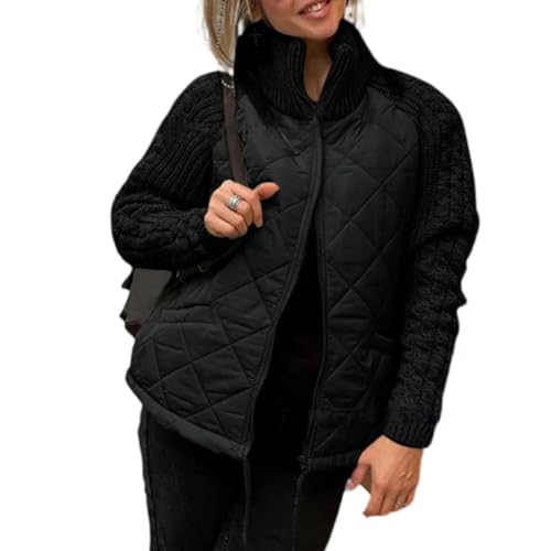 Patchwork-Pufferjacke Aus Strick Für Damen Im Spätherbst/Frühwinter, Leichte Steppjacke Mit Rautenmuster Für Damen, Leichter Steppmantel Mit Patchwork-Muster (Schwarz,3XL) von Avanise