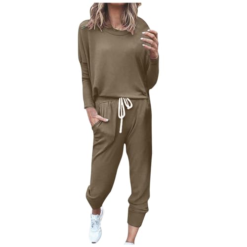 Awrvia Jogginganzug Damen Lang Set Baumwolle Modische Freizeitanzug Einfarbig Vintage Trainingsanzug Frauen Slim Sportanzug Bequemer Fitnessanzug mit Taschen Sweatshirt Oversized Hoodie Zweiteiler von Awrvia