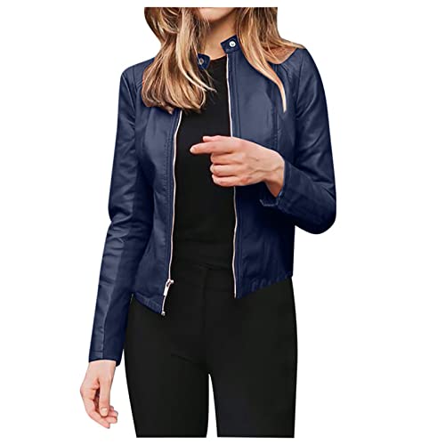 Awrvia Kunstlederjacke Damen Oversized Jacke Elegant Retro Lederjacke Reißverschluss Mantel Motorrad klassisch Bikerjacke Kurz Leicht Übergangsjacke Vegan Mode Windjacke Outdoor Mantel von Awrvia