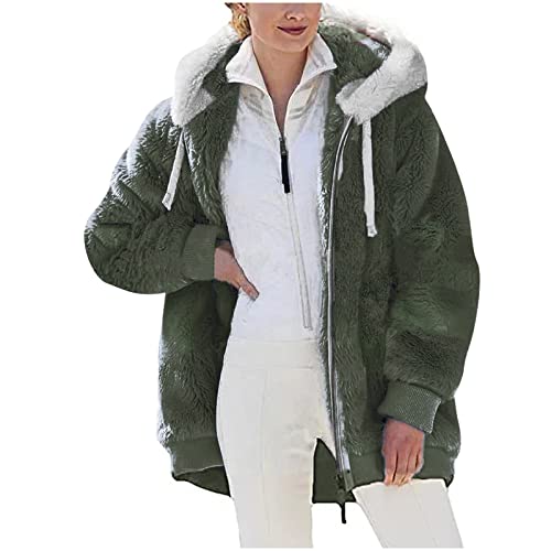 Awrvia Plüschjacke Damen Flauschig Fleecejacke Lässige Winddichter Mantel mit Tasches Kapuzenjacke Teddy Fleece Winterjacke Mode Warm Hoodie Reißverschluss Weiche Jacken Sportlicher Oberteile von Awrvia