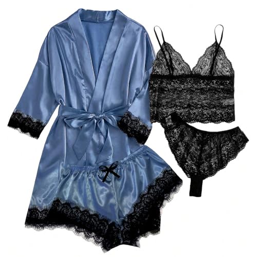 Awrvia Schlafanzug Damen 4 teiliges Pyjama Set Satin Zweiteiliger Sommer Hemdpyjama Kurzarm Slim Fit Nachtwäsche Baumwolle Nachthemd Exquisitem Saum Hausanzug Spitze Elegant Sleepwear für Frauen Awrvia Schlafanzug Damen 4 teiliges Pyjama Set Satin Zweiteiliger Sommer Hemdpyjama Kurzarm Slim Fit Nachtwäsche Baumwolle Nachthemd Exquisitem Saum Hausanzug Spitze Elegant Sleepwear für Frauen von Awrvia