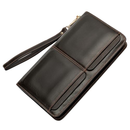 Axrrl Herren Echtleder Clutch Geldbörse, Große Kapazität Brieftasche, Multi-Kartenhalter, Handgelenkschlaufe, Für Bargeld, Münzen, Karten Lange Brieftasche,Brown1 von Axrrl