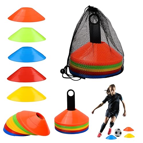 Sport Hütchen Fussball, 50 Stück Trainingskegel, Trainings Fußballkegel, Sports Training Cones, Markierungshütchen, Fussball Markierungskegel Mit Ständer und Netztasche für Basketball Handball von Azonelife