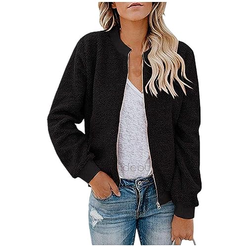 Azruma Bomberjacke Damen Regenjacke Damen Herbstjacke Damen Elegant Frauen Warm Einfarbig Teddy-Fleece Zipper Stehkragen Langarm Kurz Fliegerjacke Mit Tasche Norweger Strickjacke Damen (Schwarz, M) von Azruma