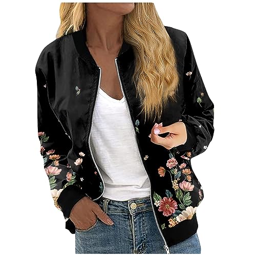 Azruma College Jacke Damen Damen Mantel Winter Damen Wintermantel Frauen Dünne Stehkragen Drucken Zip Up Langarm Kurze Pilotenjacke Mit Tasche Leichte Reißverschluss Blouson Oberteile (2-Black, XL) von Azruma