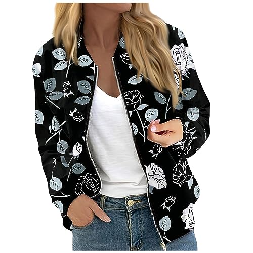 Azruma Damen Bomberjacke Jacke Frühling Pullover Für Frauen Herbst Stehkragen Blumenmuster Zip Up Langarm Kurze Pilotenjacke Mit Tasche Leichte Reißverschluss Bomber Jacket Hoodie Y2K (2-Black, XXL) von Azruma