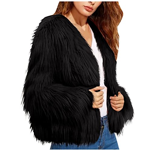 Azruma Damen Teddyfell Jacke Kunstfell V-Ausschnitt Langarm Plüschjacke Elegant Einfarbig Fleecejacke Winter Warm Mantel Locker Freizeit Übergangsjacke Kunstpelzjacke Wintermantel Winterjacke von Azruma