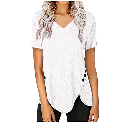 Azruma Festliche Oberteile Damen Bandeau Top Damen Lang Bier Tshirt Elegant Einfarbig V-Ausschnitt Kurzarm Asymmetrisches ÜBergrößE Shirt Mit KnöPfen Viskose Bluse Damen (Weiß, XL) von Azruma