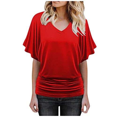 Azruma Glitzer Oberteile Damen Leinenbluse Damen Tops Teenager MäDchen Casual Einfarbig V-Ausschnitt Fledermaus ÄRmel Plus Size Long Bluse Mit Plissee Sommer Kurzarm Longbluse Bustier Damen (Rot, M) Azruma Glitzer Oberteile Damen Leinenbluse Damen Tops Teenager MäDchen Casual Einfarbig V-Ausschnitt Fledermaus ÄRmel Plus Size Long Bluse Mit Plissee Sommer Kurzarm Longbluse Bustier Damen (Rot, M) von Azruma