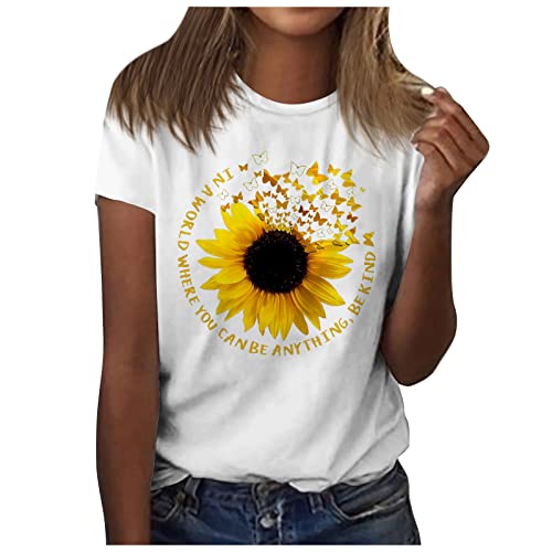 Azruma GroßE GrößEn Damen Oberteile Shirt Damen 3/4 Arm Festival Outfit Damen Sommer Rundhals Kurzarm Basic T-Shirt Sonnenblume Muster Drucken Tops Modisch Sonnenblume Grafik Bluse (Weiß, 3XL) von Azruma