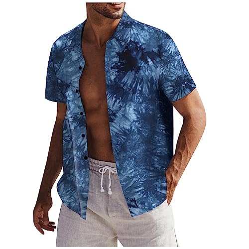 Azruma Hawaii Hemd MäNner Schwitzanzug Herren Feinripp Unterhemd Herren Sommer Drucken Umlegekragen Kurze ÄRmel Haweii Hemden Mit Knopfleiste Locker Shirt Basketball Shirt Herren (Blau, XXL) von Azruma