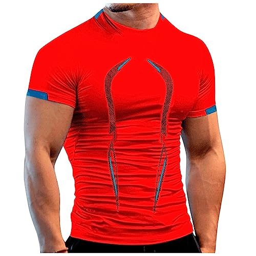 Azruma Hemd Herren Kurzarm Gym Tops Unterhemden Jungen Sport Drucken Rundhals Kurzarm Slim Fit Trainingsshirt Schnelltrocknendes Trainings T-Shirt Batik Shirt Herren (Rot, M) von Azruma