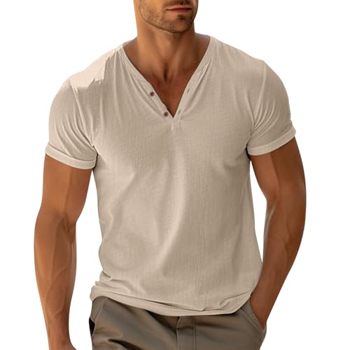 Azruma Herren T Shirt Fitness Shirt Herren Gym Fahrrad Shirt Herren Sommer Einfarbig V-Ausschnitt Kurzarm Shirt Mit Knopfleiste Hemd Ohne Kragen Herrentop Rückenfrei (Camel, XL) von Azruma