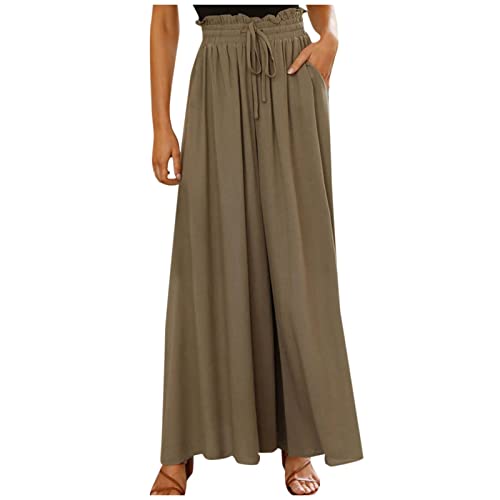 Azruma Hose Damen Elegant Chiffon Kordelzug High Waist Plissee Weites Bein Lang Hose mit Taschen Palazzo Einfarbig Culottes-Hose Strandhose Lose Lässige Freizeithose Schlupfhose Pumphose von Azruma