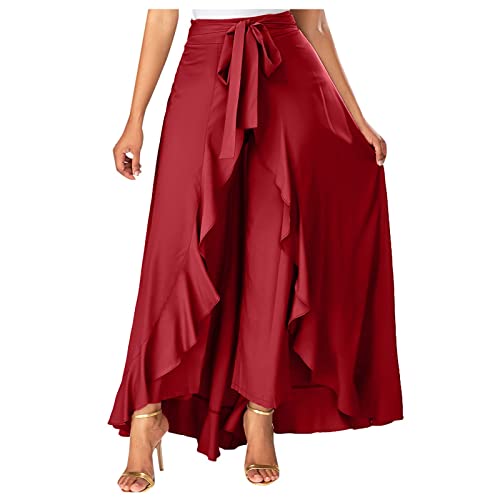 Azruma Hose Damen Elegant Unregelmäßig Rüschen High Waist Einfarbig Hosenrocks mit Gürtel Sommer Weite Beine Schlaghose Palazzo Marlenehose mit Volant Pants Sommerhose von Azruma