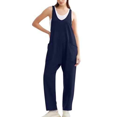 Azruma Hosenanzug Damen Sportlich, Hosen Damen Elegant Jumpsuit Elegant Frauen Casual Einfarbig V-Ausschnitt Ärmellose Jumpsuit Mit Große Taschen Latzhose Jeans Damen Einteiler Damen(Dunkelblau,XXL) von Azruma