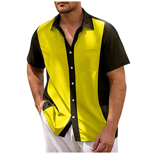 Azruma Kompressionsshirt Herren HolzfäLlerhemd Herren Herren T Shirt Herren Umlegekragen Button Down Streifen Kurzarm Bowling Shirt Mit Fronttasche Vintage Tshirt (Gelb, 3XL) von Azruma