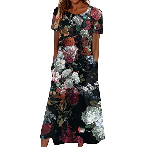 Azruma Luftige Sommerkleider Kleid MäDchen Festlich Bolero Damen Frauen Boho Drucken Rundhals Kurzarm Swing Lange Tunikakleid Mit Taschen Afrikanische Kleider Damen (3-Black, 3XL) von Azruma