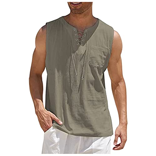 Azruma Oversized Tshirt Herren T-Shirt Herren V-Ausschnitt Glitzer Top Sommer Einfarbig Baumwolle Leinen Strand ÄRmelloses Hemd Mit SchnüRung Und Brusttasche Muskelshirt (Camel, L) von Azruma