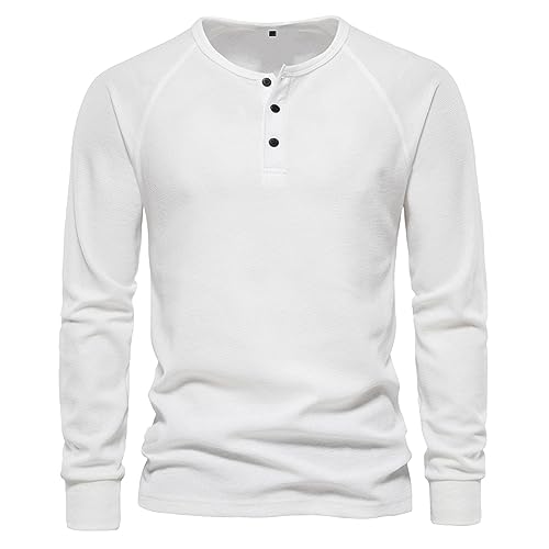 Azruma Pulli Herren Rückenfreies Oberteil Atmungsaktive T-Shirts Herren Männer Warm Einfarbig Waffle Langarm Henley Shirt Mit Knopfleiste T-Shirts Für Herren 3XL (Weiß, M) von Azruma