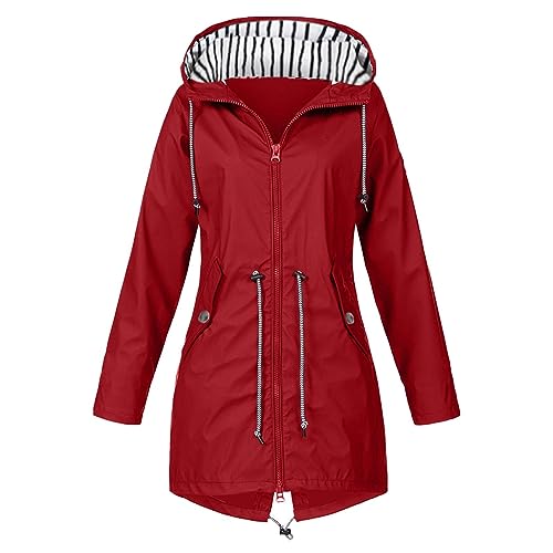 Azruma Regenjacke+Damen+Wasserdicht Damen Strickjacke Jeansjacke Damen Lang Frauen Einfarbig Wasserdicht Atmungsaktiv Langarm Full Zip Regenmantel Mit Kapuze Winter Jacken (3-Red, S) von Azruma