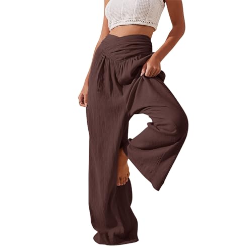 Azruma Schwarze Hose Damen, Damen Hosen Lose Palazzo Hose Mit Taste Hohe Taille Dehnbar Lounge Baggy Hose Elegant Weites Bein Hosen Hose Weites Bein Damen Sommerhose Gutscheine(2-Brown,XXL) von Azruma