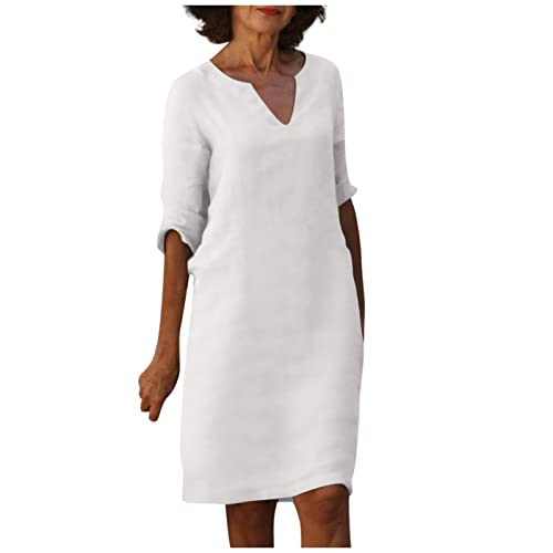 Azruma Sommerkleider Damen Knielang Party Kleider Damen Sommerkleid Mit Hose Drunter Leinenkleid Damen Sommer V-Ausschnitt Halbe ÄRmel Einfarbig Knielang Leinen Kleider Hippie KostüM Damen (Weiß, L) Azruma Sommerkleider Damen Knielang Party Kleider Damen Sommerkleid Mit Hose Drunter Leinenkleid Damen Sommer V-Ausschnitt Halbe ÄRmel Einfarbig Knielang Leinen Kleider Hippie KostüM Damen (Weiß, L) von Azruma