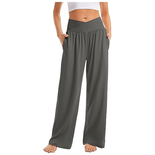 Azruma Stoffhose Damen, Weite Hose High Waist Hose Damen Lose Palazzo Hose Mit Taste Hohe Taille Dehnbar Lounge Baggy Hose Elegant Weites Bein Hosen Damen Sporthose Outlet Angebote(2-Dark Gray,XL) von Azruma