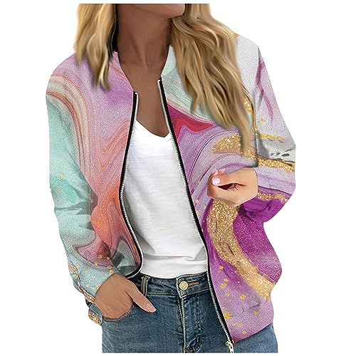 Azruma Sweatshirt Damen Ohne Kapuze Steppjacke Damen Strand Cardigan Frauen Herbst Stehkragen Bunt Drucken Zip Up Langarm Kurze Pilotenjacke Mit Tasche Leichte Reißverschluss Bomber Jacke (Rosa, XXL) von Azruma