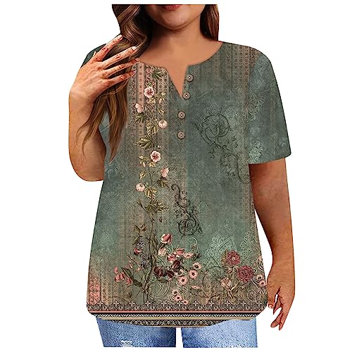 Azruma T Shirt Damen Kurzarm Tshirt Damen Elegant Sommer Shirt Damen Casual Blumendruck Button Down V-Ausschnitt Kurzarm ÜBergrößE Bluse Damenbluse (2-Green, 3XL) von Azruma