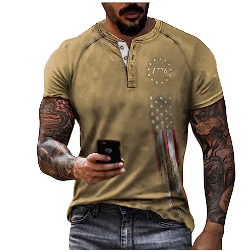 Azruma T-Shirt Herren Henley Shirt Herren Linen Shirt Men Vintage Drucken Kurzarm ÜBergrößE Henley Shirt Mit Knopfleiste Sommer Button Down Plus Size T Shirts V Ausschnitt Herren T Shirt (Khaki, M) von Azruma