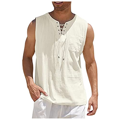 Azruma T-Shirt Herren Schwarz Henley Shirt Herren Linen Shirt Men Sommer Einfarbig Baumwolle Leinen Strand ÄRmelloses Hemd Mit SchnüRung Und Brusttasche Crop Top Sport (Beige, M) von Azruma