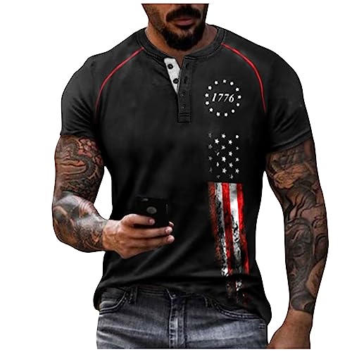 Azruma T Shirt Herren Schwarz Tshirt Herren Set T-Shirt Herren Lustig Vintage Drucken Kurzarm ÜBergrößE Henley Shirt Mit Knopfleiste Sommer Button Down Plus Size T Shirts Muscle Fit T-Shirt Herren von Azruma