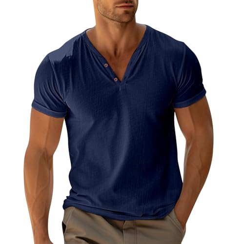 Azruma T-Shirt Herren Tops Neopren Shirt Herren Sommer Einfarbig V-Ausschnitt Kurzarm Shirt Mit Knopfleiste Kompressionsshirt Herren Kurzarmunterhemd Herren Schwarz (Marine, M) von Azruma