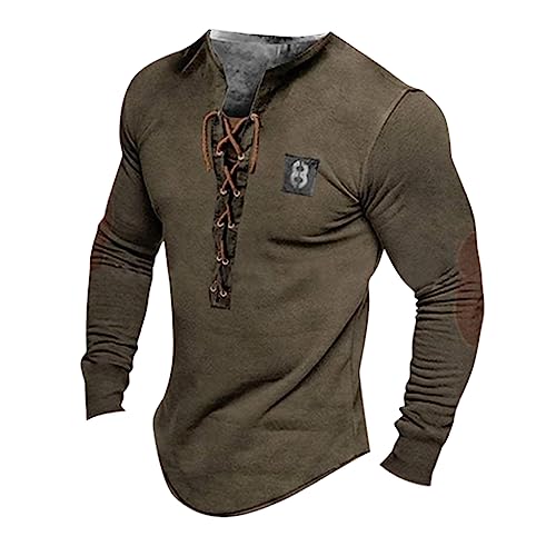 Azruma T-Shirt Herren Weiß Gym Tops Unterhemden Jungen Vintage Distressed Drucken Lange ÄRmel Henley Shirt Mit SchnüRung Mittelalter Hemd Batik Shirt Herren (Braun, M) von Azruma