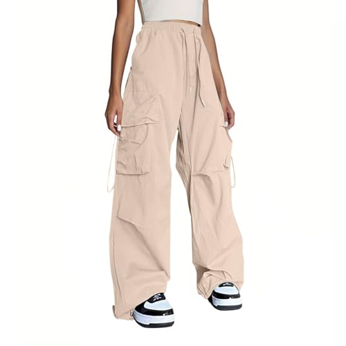 Azruma Warehouse Deals Angebote, High Waist Damen Weite Hose Sommer Y2K Weite Hose Palazzo Pants High Waist Weite Hosen Mit Taschen Elegant Damenhose Samthose Damen 7/8 Hose Damen Sommer(A03 Khaki,L) von Azruma