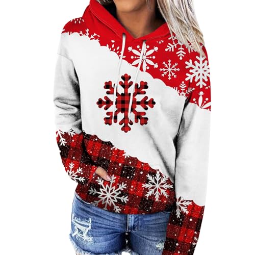 Azruma Weihnachtspullover Damen Ugly Klamotten Teenager Mädchen Trainingsanzug Damen Frauen Weihnachts Drucken Langarm Hoodie Sweatshirt Mit Kapuze Warm Christmas Pullover Mit Taschen (2-White, L) von Azruma