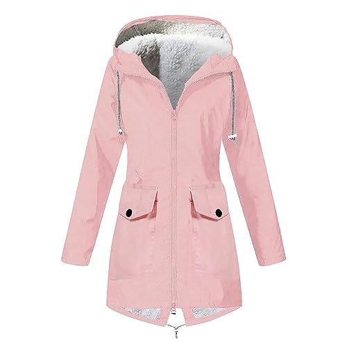 Azruma Wetterjacke Damen Wasserdicht Atmungsaktiv Sweatshirt Damen Oversize Hoodie Damen Frauen Warm Lang Einfarbig Wasserdicht Atmungsaktiv Teddyfell Gefüttert Langarm Zipper Regenmantel Mit Kapuze von Azruma