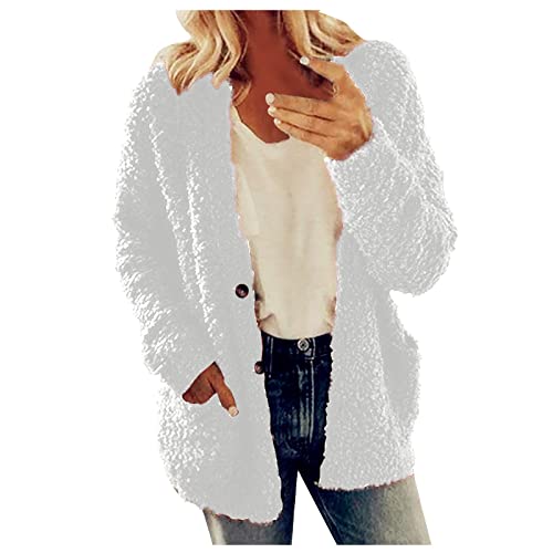 Azruma Y2K Jacke Herbstmantel Damen Protektorenjacke Frauen Herbst Winter Warm Einfarbig Flauschig Fleece Button Down Langarm Hoodie Fleecejacke Mit Taschen Brautjacke (Weiß, M) von Azruma