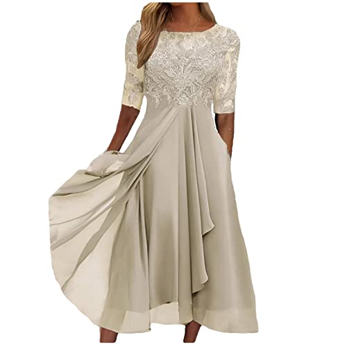 Blusenkleid Damen Brautkleider Hochzeitskleider Midikleid Damen Sommer Damen Elegant Chiffon Patchwork Spitze Hollow Out Einfarbig Lange Abendkleider FüR Hochzeit Damen Kleider Sommer Lang (Beige, S) Blusenkleid Damen Brautkleider Hochzeitskleider Midikleid Damen Sommer Damen Elegant Chiffon Patchwork Spitze Hollow Out Einfarbig Lange Abendkleider FüR Hochzeit Damen Kleider Sommer Lang (Beige, S) von Azruma
