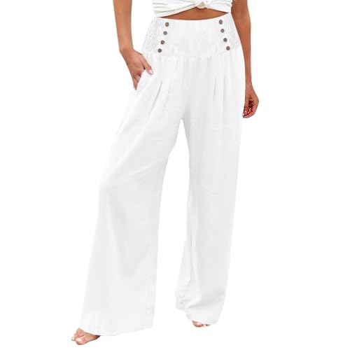 Damen Hose, Leinenhose Damen Lose Palazzo Hose Mit Taste Hohe Taille Dehnbar Lounge Baggy Hose Elegant Weites Bein Hosen Baggy Hosen Damen Elegantes Outfit Komplett Meine Bestellung(2-White,Xxl) von Azruma