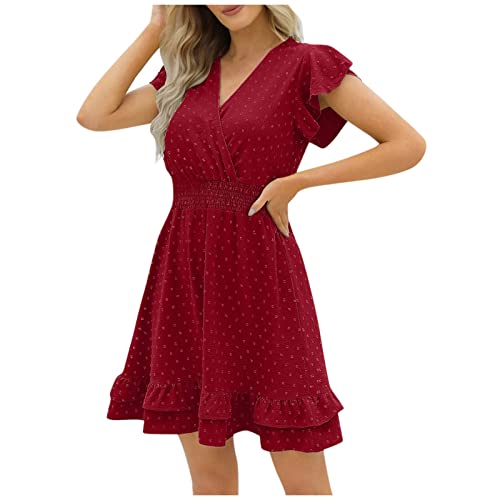Damen Kleid Lang Kleid Langarm Damen Hawaii Outfit Damen Damen Sommer Swiss Dot Einfarbig RüSchen Kurz Wickelkleid V-Ausschnitt Cap Sleeves Tunika Kleid Mit Gummizug Damen Kleider Sommer Lang (Rot, S) Damen Kleid Lang Kleid Langarm Damen Hawaii Outfit Damen Damen Sommer Swiss Dot Einfarbig RüSchen Kurz Wickelkleid V-Ausschnitt Cap Sleeves Tunika Kleid Mit Gummizug Damen Kleider Sommer Lang (Rot, S) von Azruma
