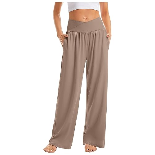 Festliches Outfit Damen, Linen Pants Women Lose Palazzo Hose Mit Taste Hohe Taille Dehnbar Lounge Baggy Hose Elegant Weites Bein Hosen Leinenhose Jeans Weites Bein Singles Day Angebote(2-Coffee,Xl) von Azruma