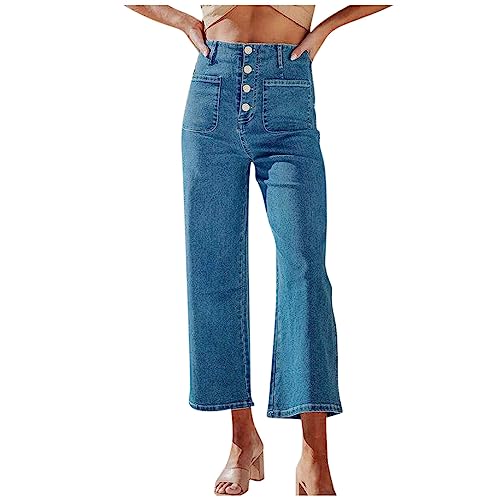 High waist jeans damen japanese streetwear damen caprihose sommer 3/4 Frauen Hohe Taille Strecken Breites Bein Jeans mit Taschen Einfarbig Button Down Loose Fit Hose kompressionshose(1-Light Blue,L) von Azruma