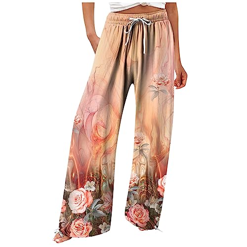 Latzhosen Für Damen Laufhose Damen 3/4 Cargohose Mädchen Elegant Leinen Blumenmuster Plissee High Waist Weites Bein Palazzo Hose Mit Tunnelzug Softshellhose Damen Wasserdicht Atmungsaktiv(1-Orange,Xl) von Azruma