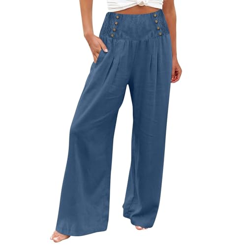 Linen Pants Women, Stoffhose Damen Elegant Lose Palazzo Hose Mit Taste Hohe Taille Dehnbar Lounge Baggy Weites Bein Hosen Elegante Hose Culotte Sommer Angebote Des Tages Heute Blitzangebote(1-Cyan,M) von Azruma